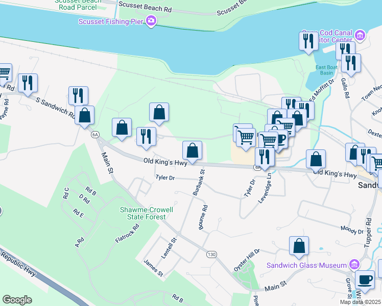 map of restaurants, bars, coffee shops, grocery stores, and more near 37 Massachusetts 6A in Sandwich