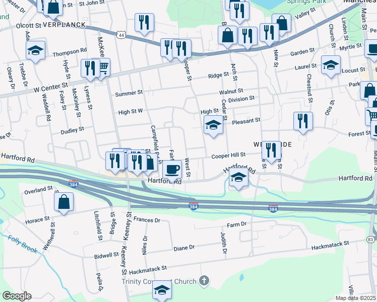 map of restaurants, bars, coffee shops, grocery stores, and more near 133 Cooper Hill Street in Manchester