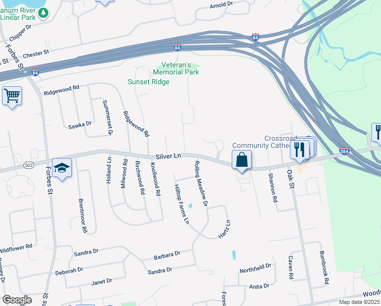 map of restaurants, bars, coffee shops, grocery stores, and more near 1269 Silver Lane in East Hartford