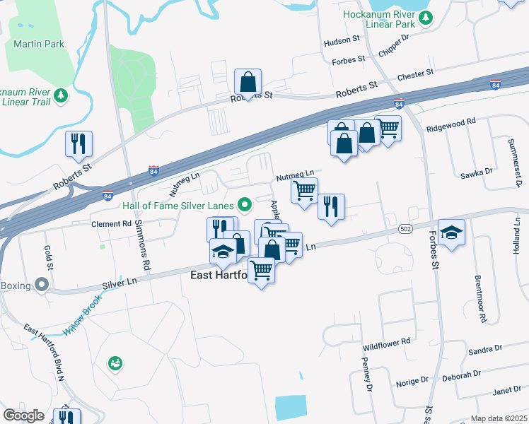 map of restaurants, bars, coffee shops, grocery stores, and more near 87-107 Applegate Lane in East Hartford