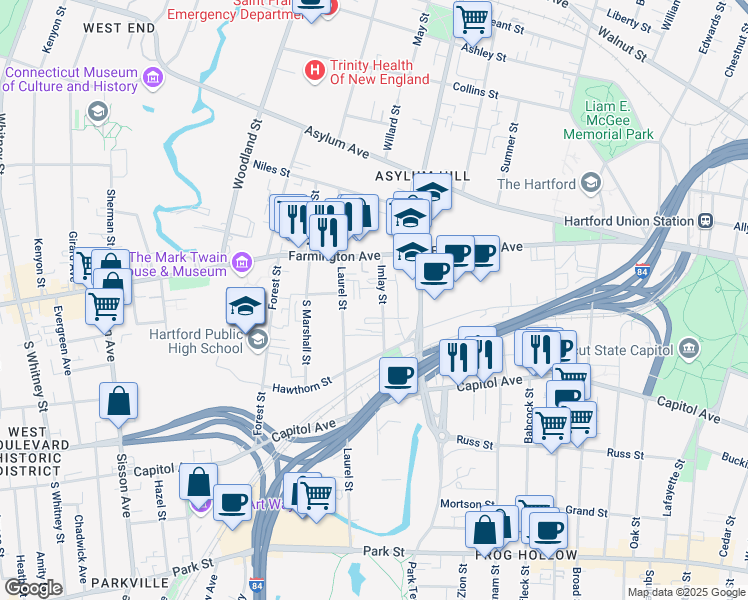 map of restaurants, bars, coffee shops, grocery stores, and more near 39 Imlay Street in Hartford
