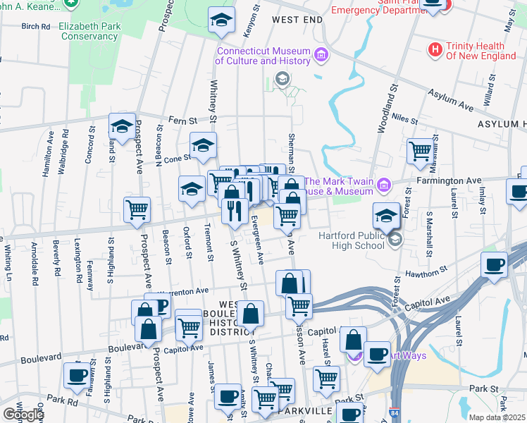 map of restaurants, bars, coffee shops, grocery stores, and more near 9 Evergreen Avenue in Hartford