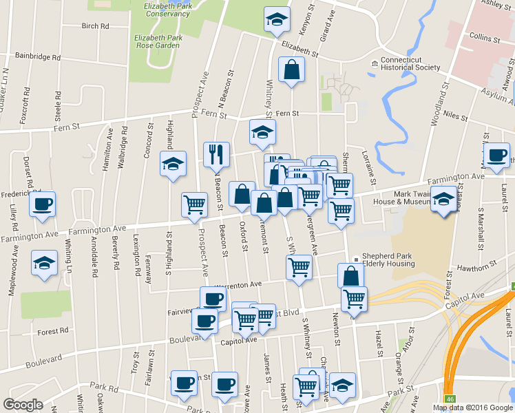 map of restaurants, bars, coffee shops, grocery stores, and more near 590 Farmington Avenue in Hartford