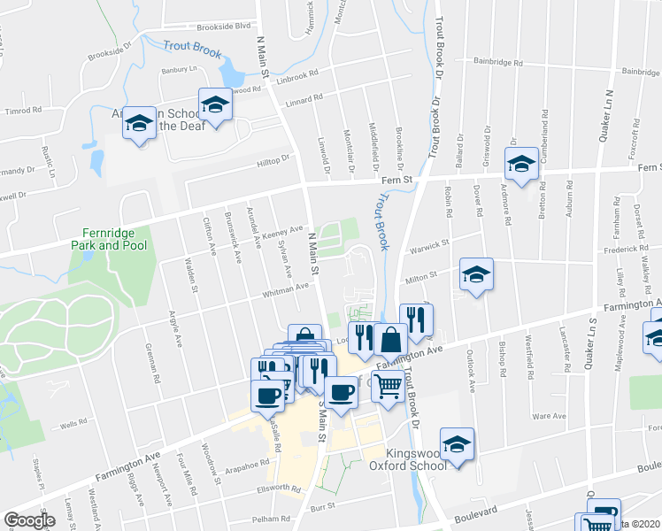 map of restaurants, bars, coffee shops, grocery stores, and more near in West Hartford