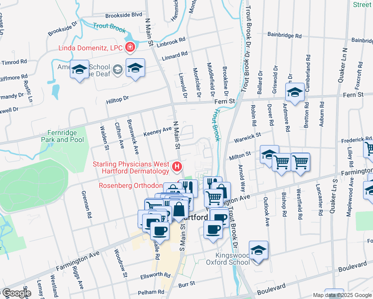 map of restaurants, bars, coffee shops, grocery stores, and more near in West Hartford