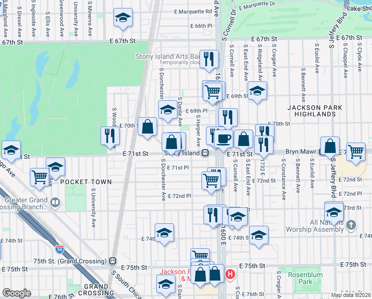 map of restaurants, bars, coffee shops, grocery stores, and more near 7035 South Dorchester Avenue in Chicago