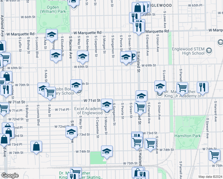 map of restaurants, bars, coffee shops, grocery stores, and more near 7031 South Sangamon Street in Chicago
