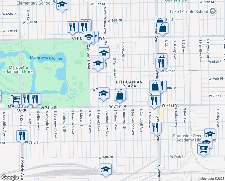 map of restaurants, bars, coffee shops, grocery stores, and more near 7008 South Talman Avenue in Chicago
