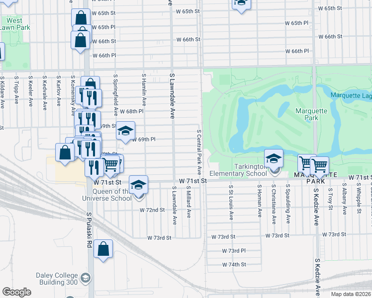 map of restaurants, bars, coffee shops, grocery stores, and more near 3631 West 70th Street in Chicago
