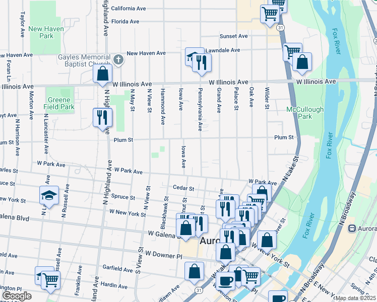 map of restaurants, bars, coffee shops, grocery stores, and more near 432 Iowa Avenue in Aurora