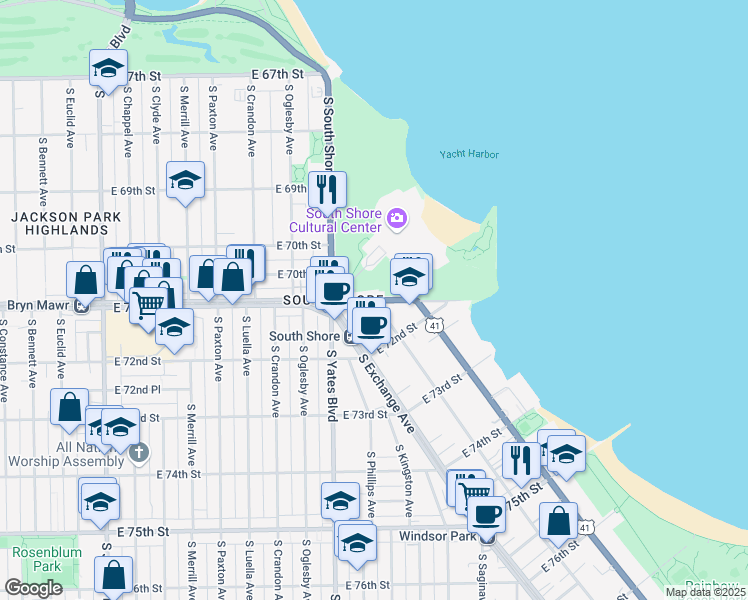 map of restaurants, bars, coffee shops, grocery stores, and more near East South Shore Drive & South Coles Avenue in Chicago