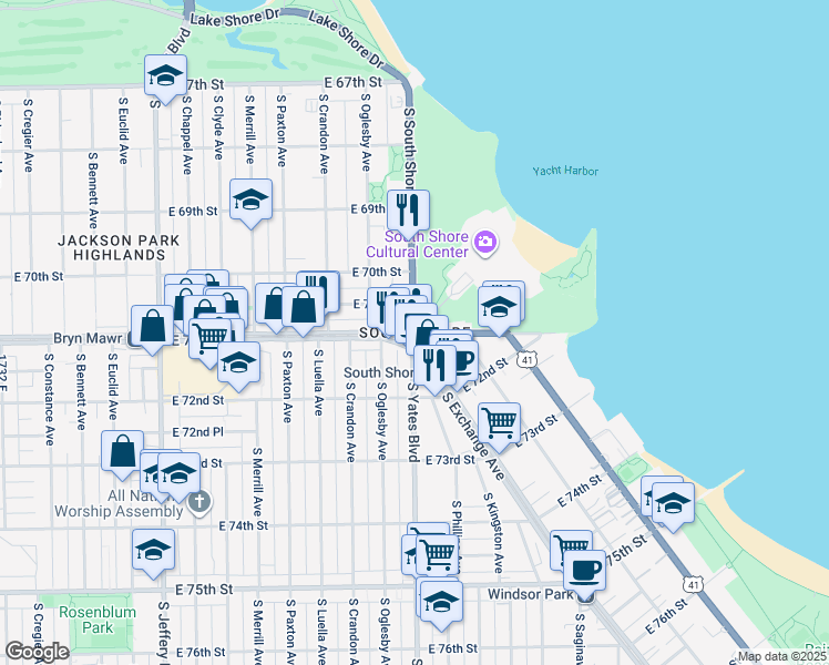 map of restaurants, bars, coffee shops, grocery stores, and more near E 71st St & S Yates Blvd in Chicago