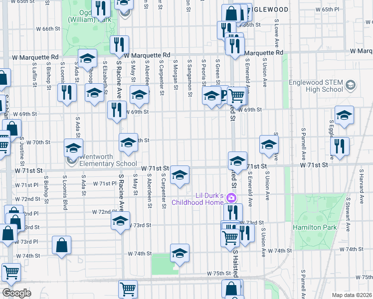 map of restaurants, bars, coffee shops, grocery stores, and more near 7014 South Sangamon Street in Chicago