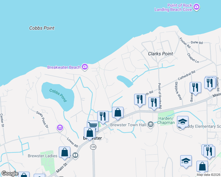 map of restaurants, bars, coffee shops, grocery stores, and more near 23 Bates Lane in Brewster