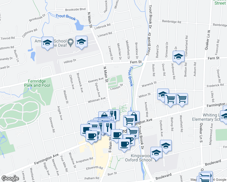 map of restaurants, bars, coffee shops, grocery stores, and more near in West Hartford