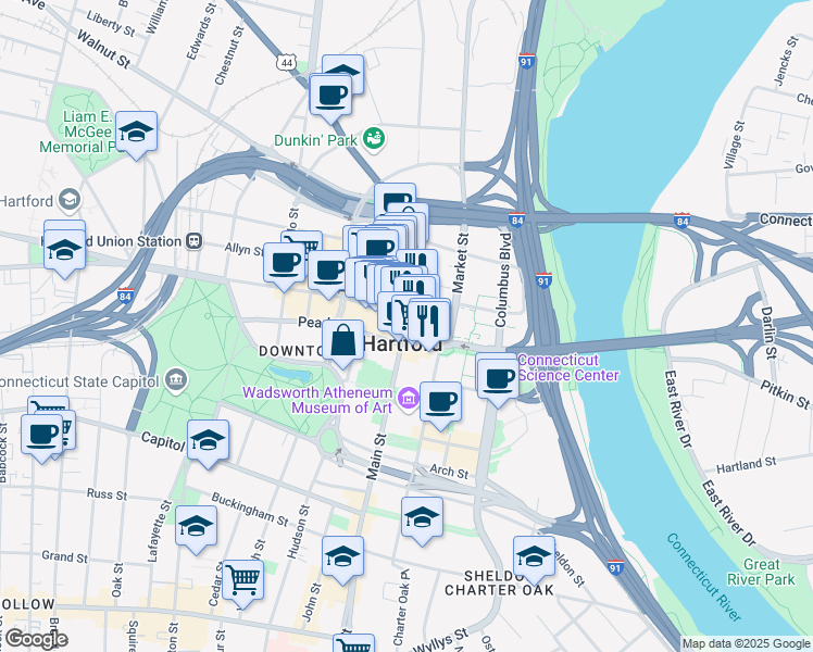 map of restaurants, bars, coffee shops, grocery stores, and more near Main Street in Hartford