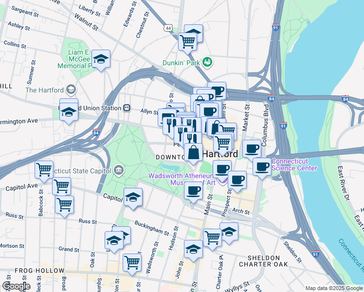 map of restaurants, bars, coffee shops, grocery stores, and more near 169 Pearl Street in Hartford