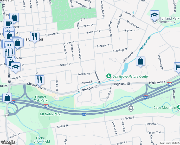 map of restaurants, bars, coffee shops, grocery stores, and more near 10 Ansaldi Road in Manchester