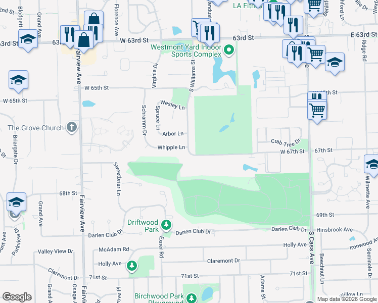 map of restaurants, bars, coffee shops, grocery stores, and more near 1130 South Williams Street in Westmont