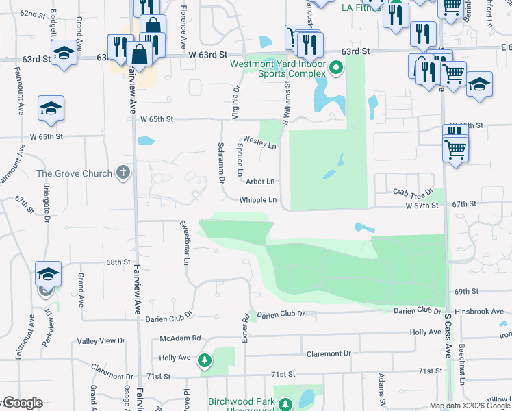 map of restaurants, bars, coffee shops, grocery stores, and more near 411 Whipple Lane in Westmont