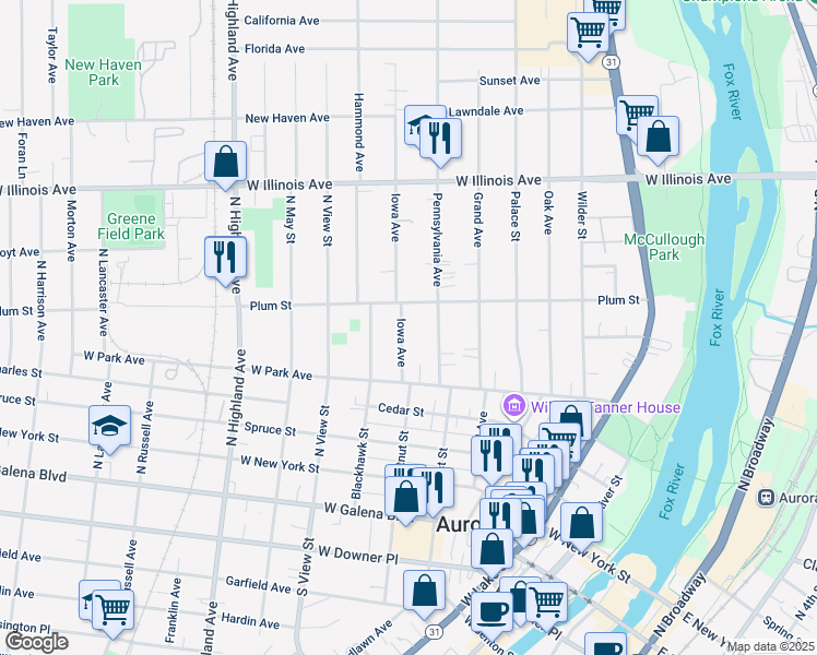 map of restaurants, bars, coffee shops, grocery stores, and more near 445 Iowa Avenue in Aurora