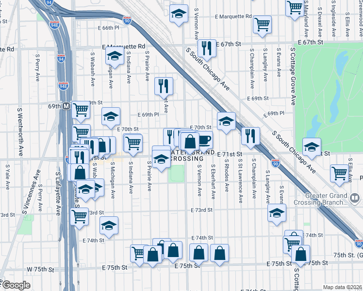 map of restaurants, bars, coffee shops, grocery stores, and more near 7053 South King Drive in Chicago