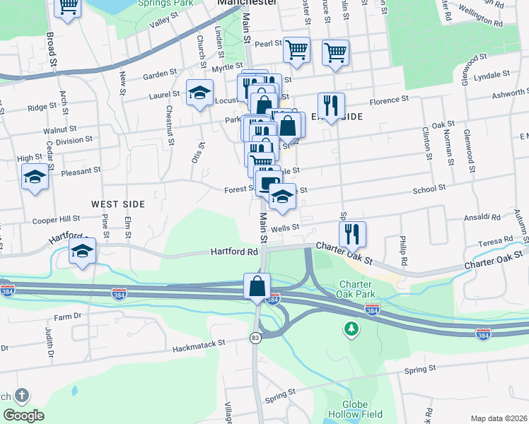 map of restaurants, bars, coffee shops, grocery stores, and more near Main Street & School Street in Manchester