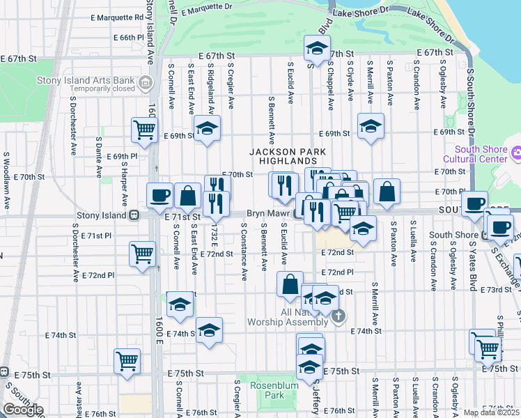 map of restaurants, bars, coffee shops, grocery stores, and more near 1914 East 72nd Street in Chicago