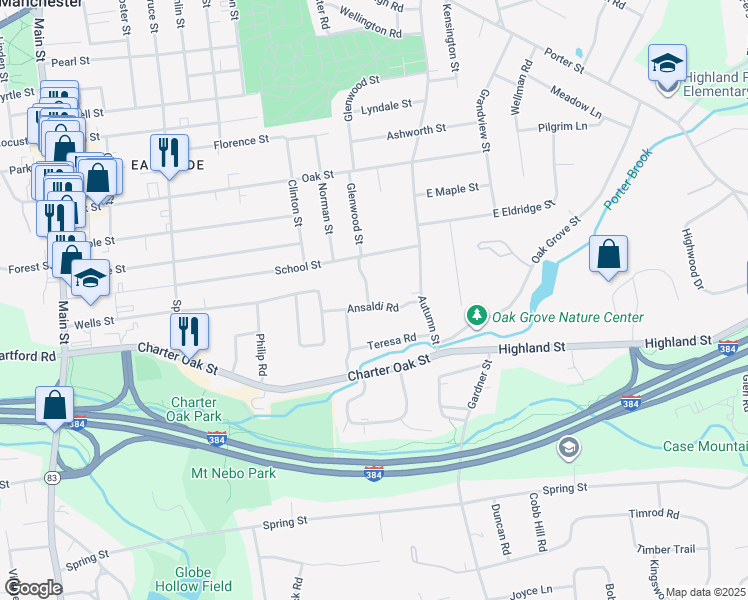 map of restaurants, bars, coffee shops, grocery stores, and more near 46 Ansaldi Road in Manchester