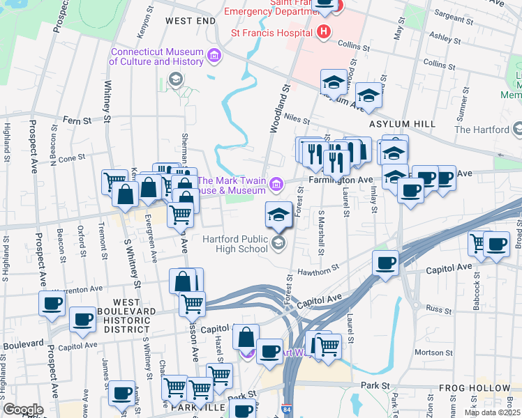 map of restaurants, bars, coffee shops, grocery stores, and more near Unnamed Road in Hartford