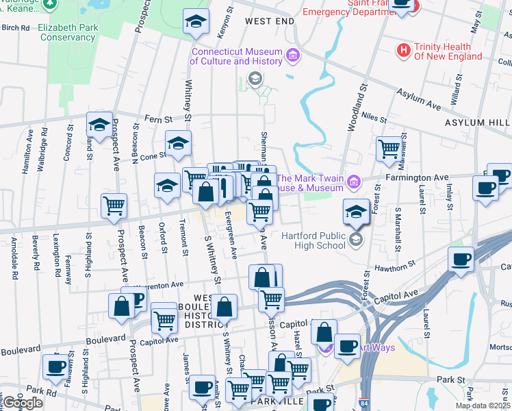 map of restaurants, bars, coffee shops, grocery stores, and more near 491 Farmington Avenue in Hartford