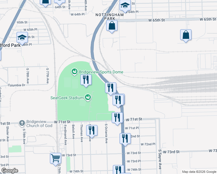 map of restaurants, bars, coffee shops, grocery stores, and more near 6955 South Harlem Avenue in Bedford Park