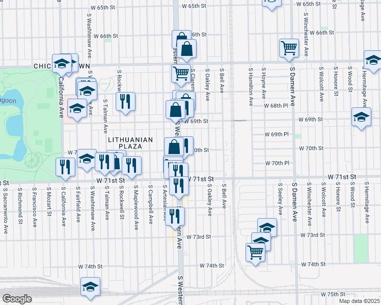 map of restaurants, bars, coffee shops, grocery stores, and more near 7002 South Claremont Avenue in Chicago