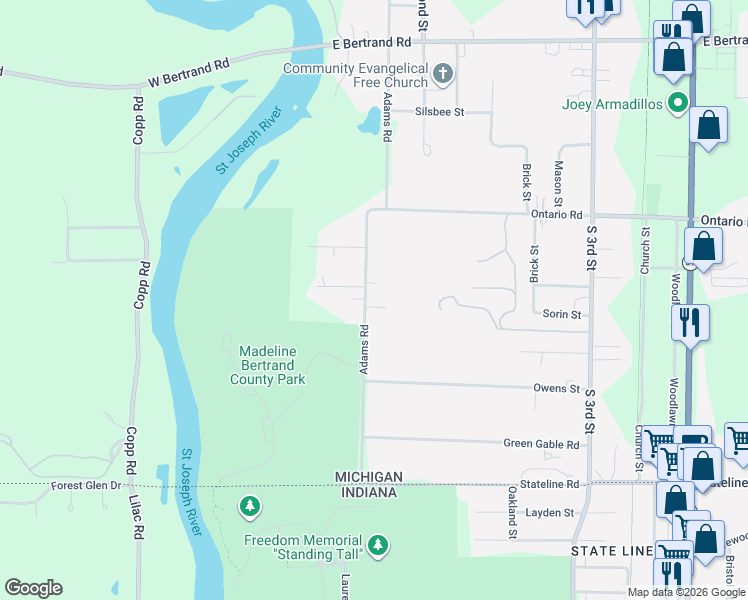 map of restaurants, bars, coffee shops, grocery stores, and more near 3018 Adams Road in Niles