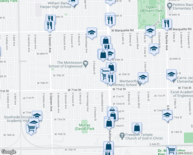 map of restaurants, bars, coffee shops, grocery stores, and more near 7009 South Paulina Street in Chicago