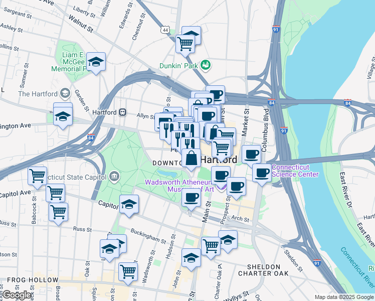 map of restaurants, bars, coffee shops, grocery stores, and more near Pearl Street in Hartford