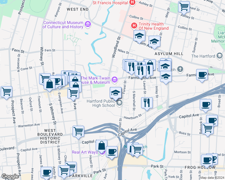 map of restaurants, bars, coffee shops, grocery stores, and more near 65 Forest Street in Hartford
