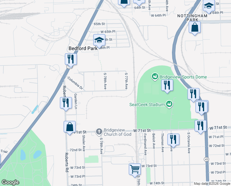 map of restaurants, bars, coffee shops, grocery stores, and more near 7731 Columbia Drive in Bridgeview