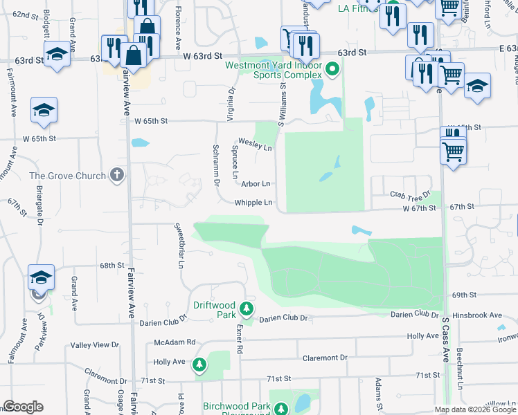 map of restaurants, bars, coffee shops, grocery stores, and more near 411 Whipple Lane in Westmont