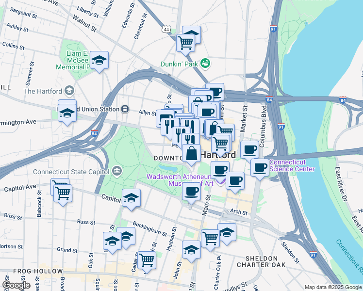 map of restaurants, bars, coffee shops, grocery stores, and more near Pearl Street in Hartford