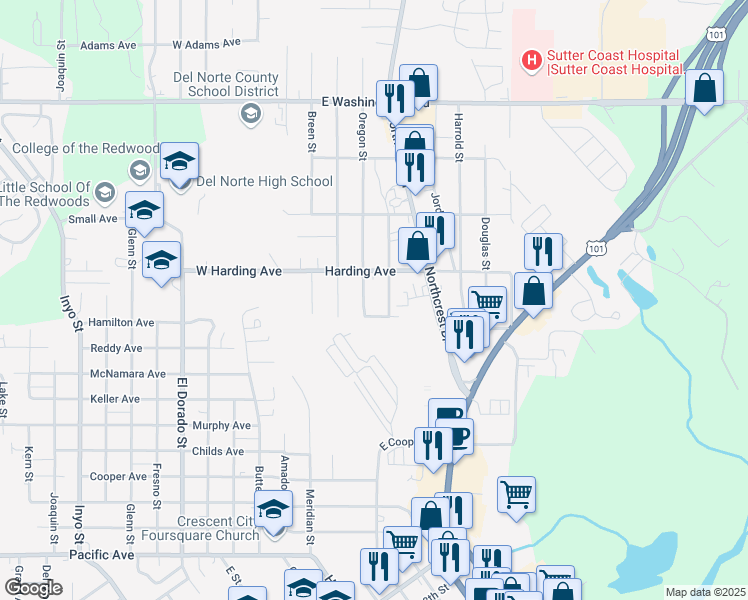 map of restaurants, bars, coffee shops, grocery stores, and more near in Crescent City