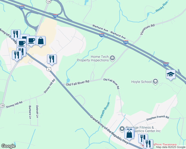 map of restaurants, bars, coffee shops, grocery stores, and more near 459 Old Fall River Road in Swansea