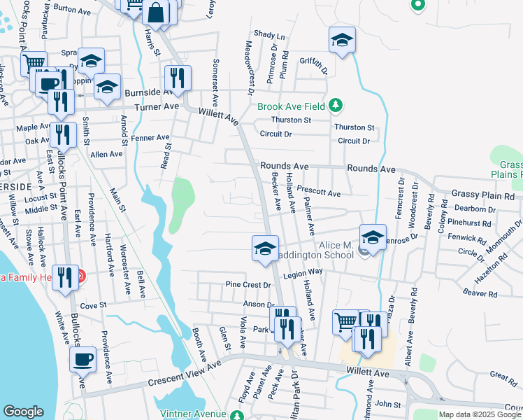 map of restaurants, bars, coffee shops, grocery stores, and more near 741 Willett Avenue in East Providence