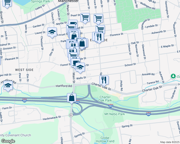 map of restaurants, bars, coffee shops, grocery stores, and more near 63 Wells Street in Manchester
