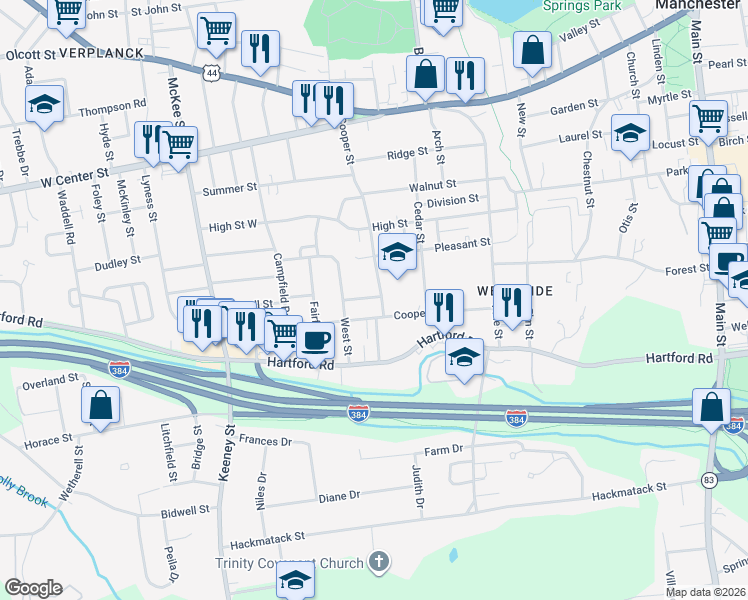map of restaurants, bars, coffee shops, grocery stores, and more near 109 Cooper Hill Street in Manchester