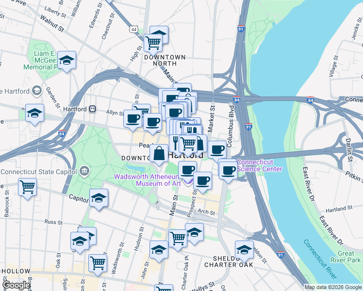 map of restaurants, bars, coffee shops, grocery stores, and more near in Hartford