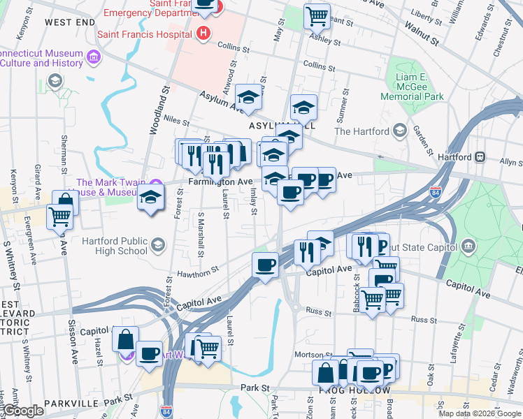 map of restaurants, bars, coffee shops, grocery stores, and more near 42 Imlay Street in Hartford