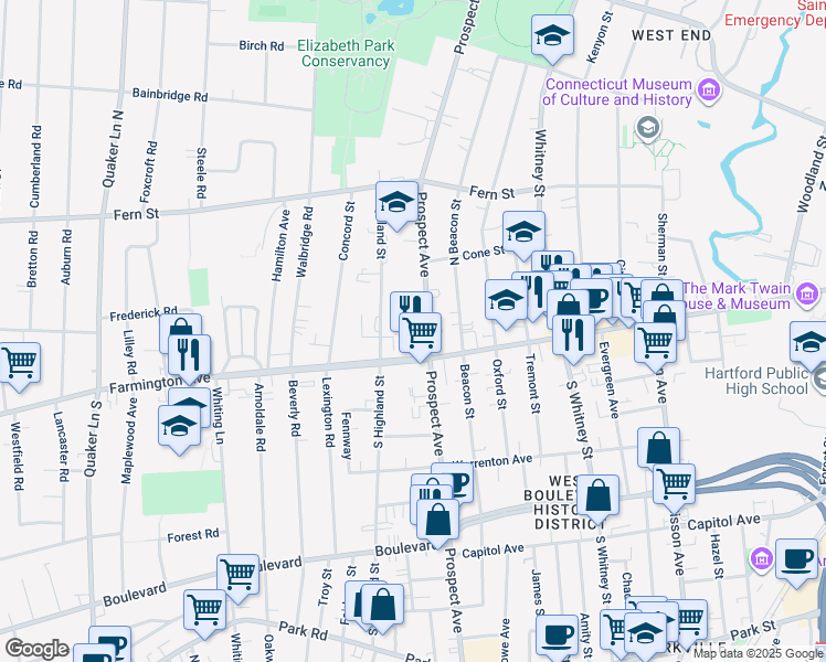 map of restaurants, bars, coffee shops, grocery stores, and more near 674 Farmington Avenue in West Hartford