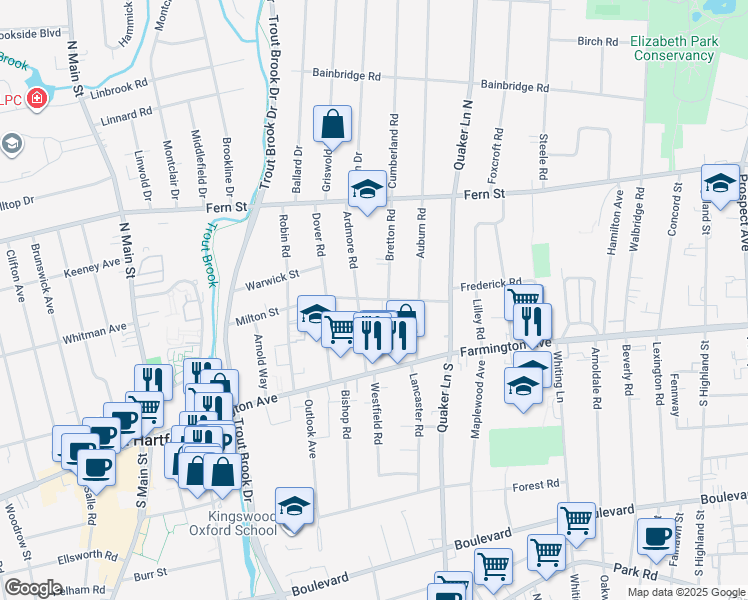 map of restaurants, bars, coffee shops, grocery stores, and more near 59 Milton Street in West Hartford