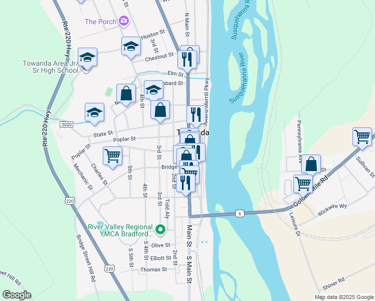 map of restaurants, bars, coffee shops, grocery stores, and more near 413 Main Street in Towanda